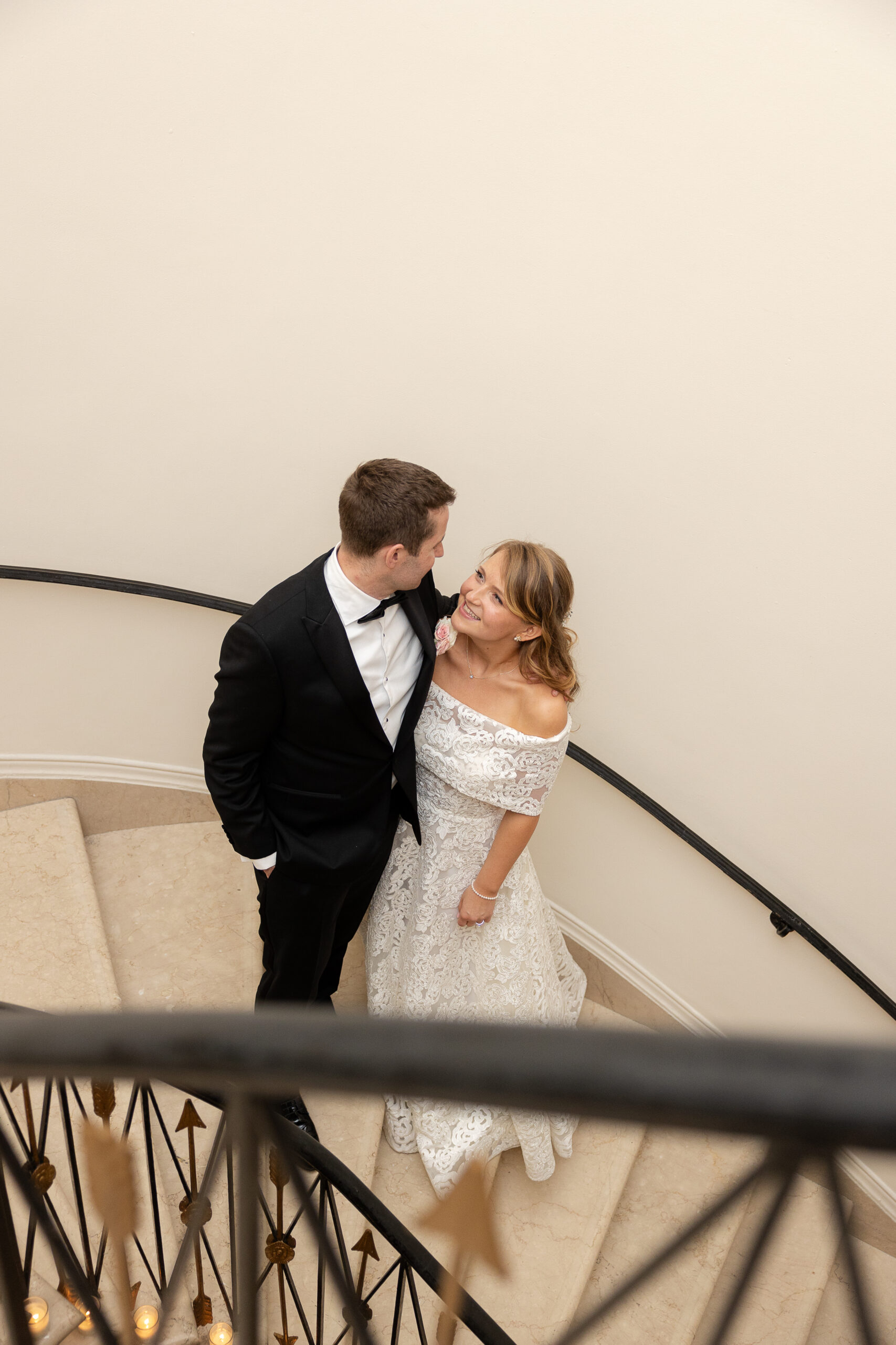 Harold Pratt House wedding portraits at staircase