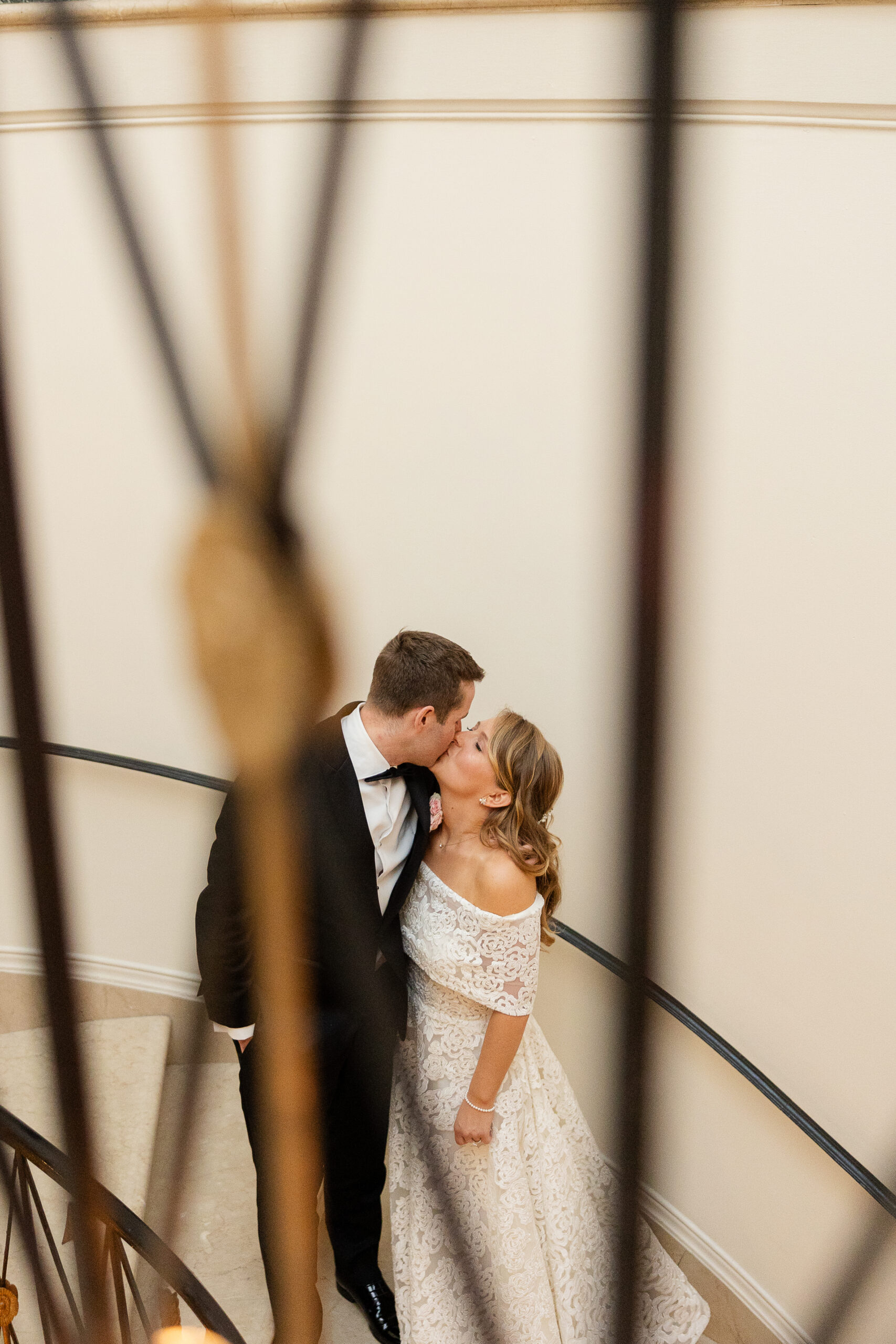 Harold Pratt House wedding portraits at staircase