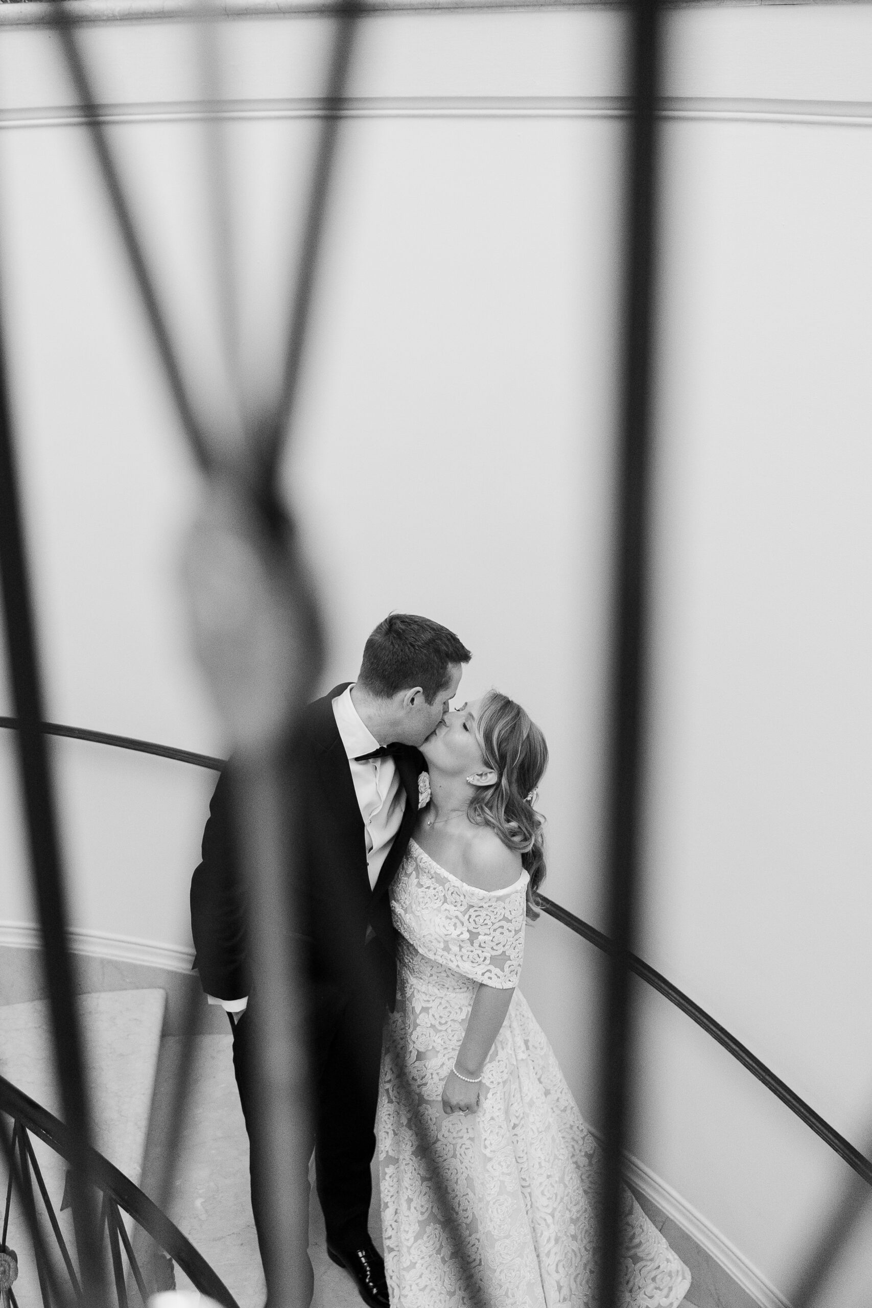 Harold Pratt House wedding portraits at staircase