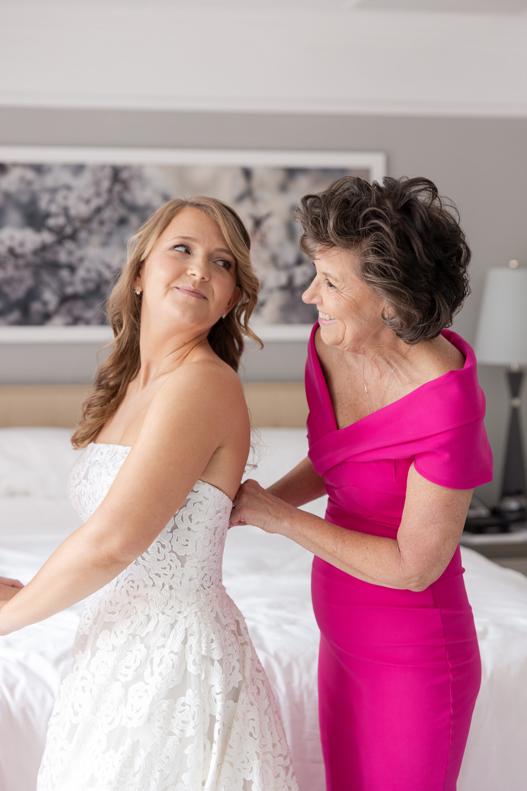 Bride and Mom getting dressed for NYC Wedding Day