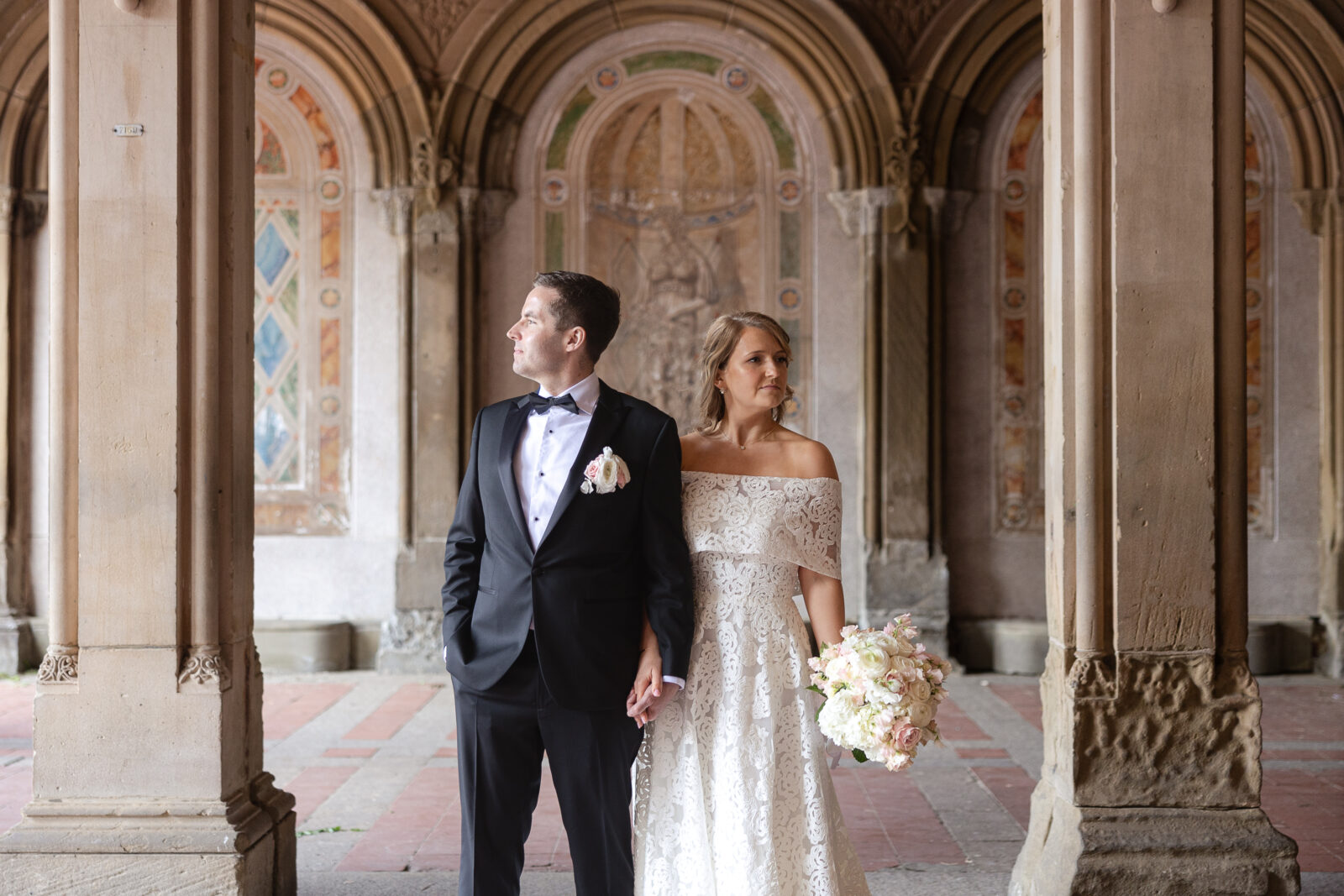 Bride and groom portraits at Bethesda Terrace Central Park