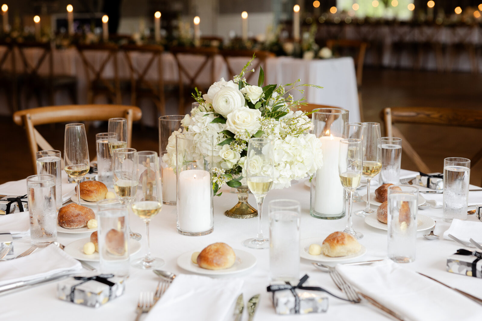 Table settings at River House at Odette’s wedding reception