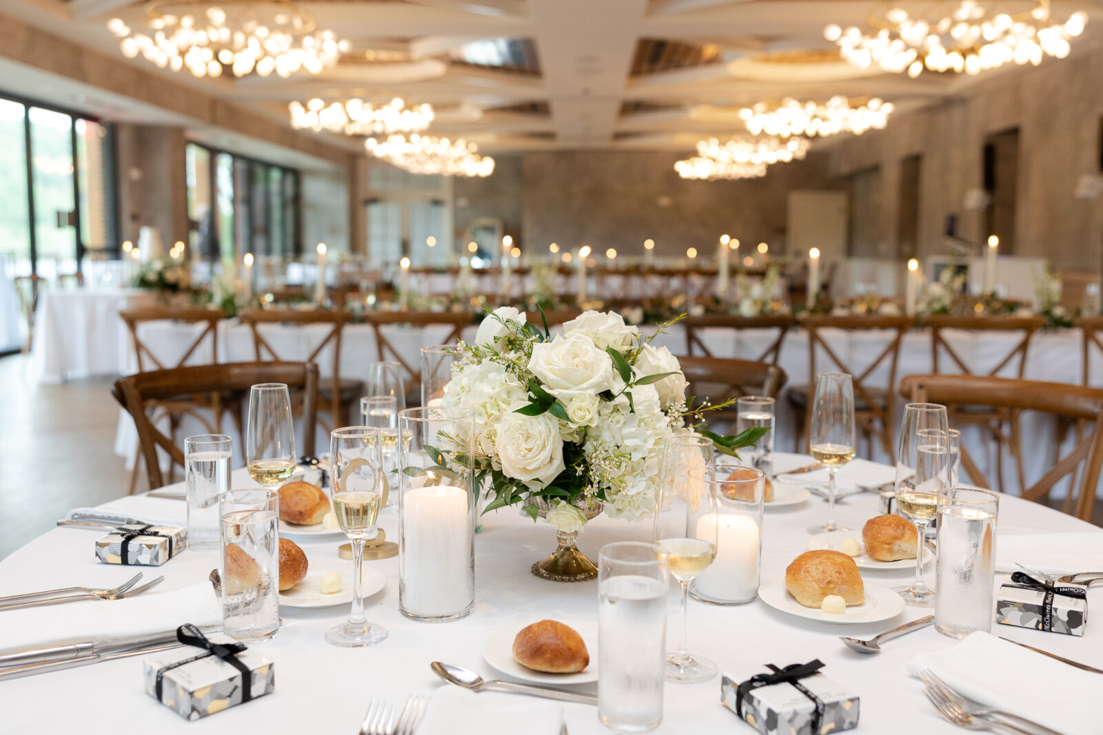 Table settings at River House at Odette’s wedding reception