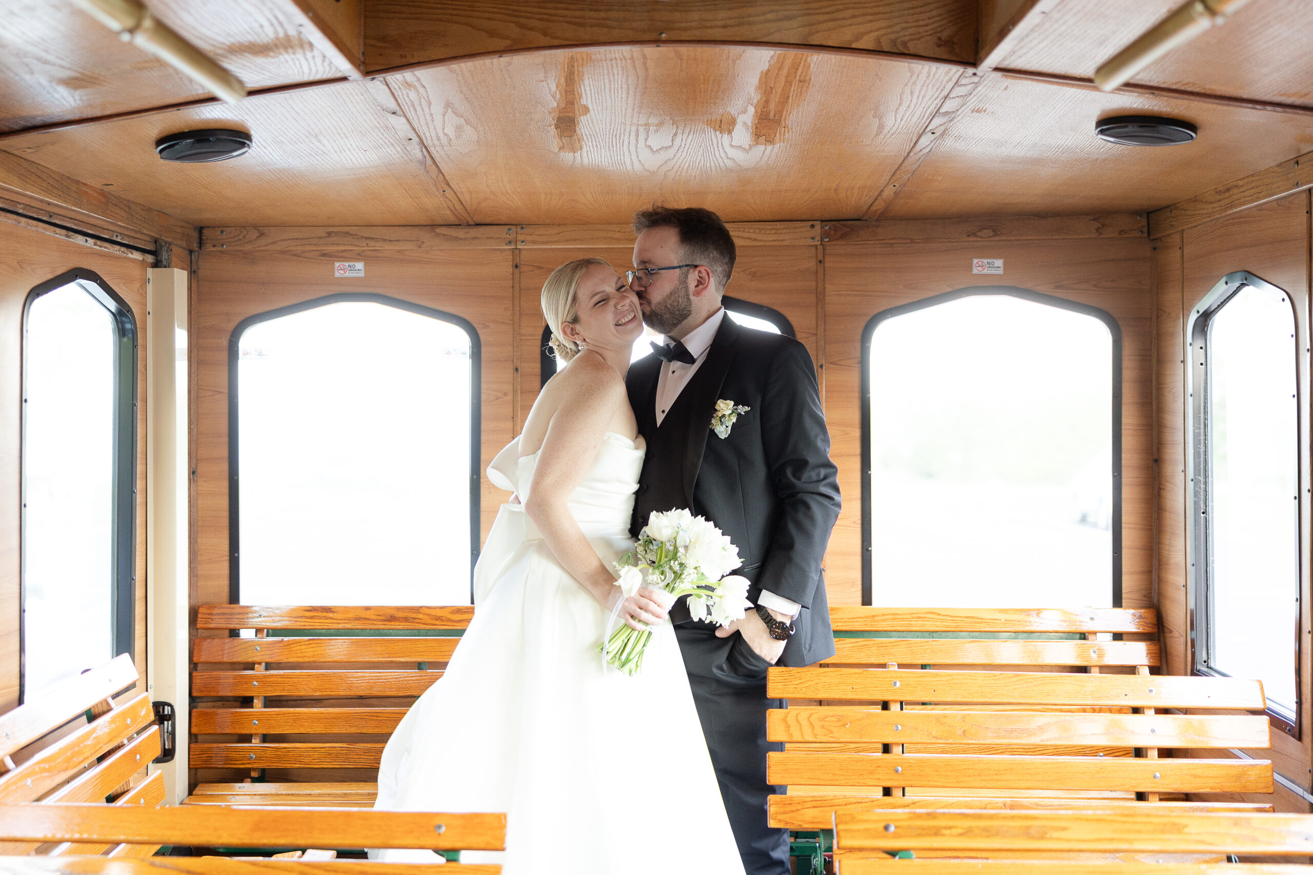 Bride and groom on trolley