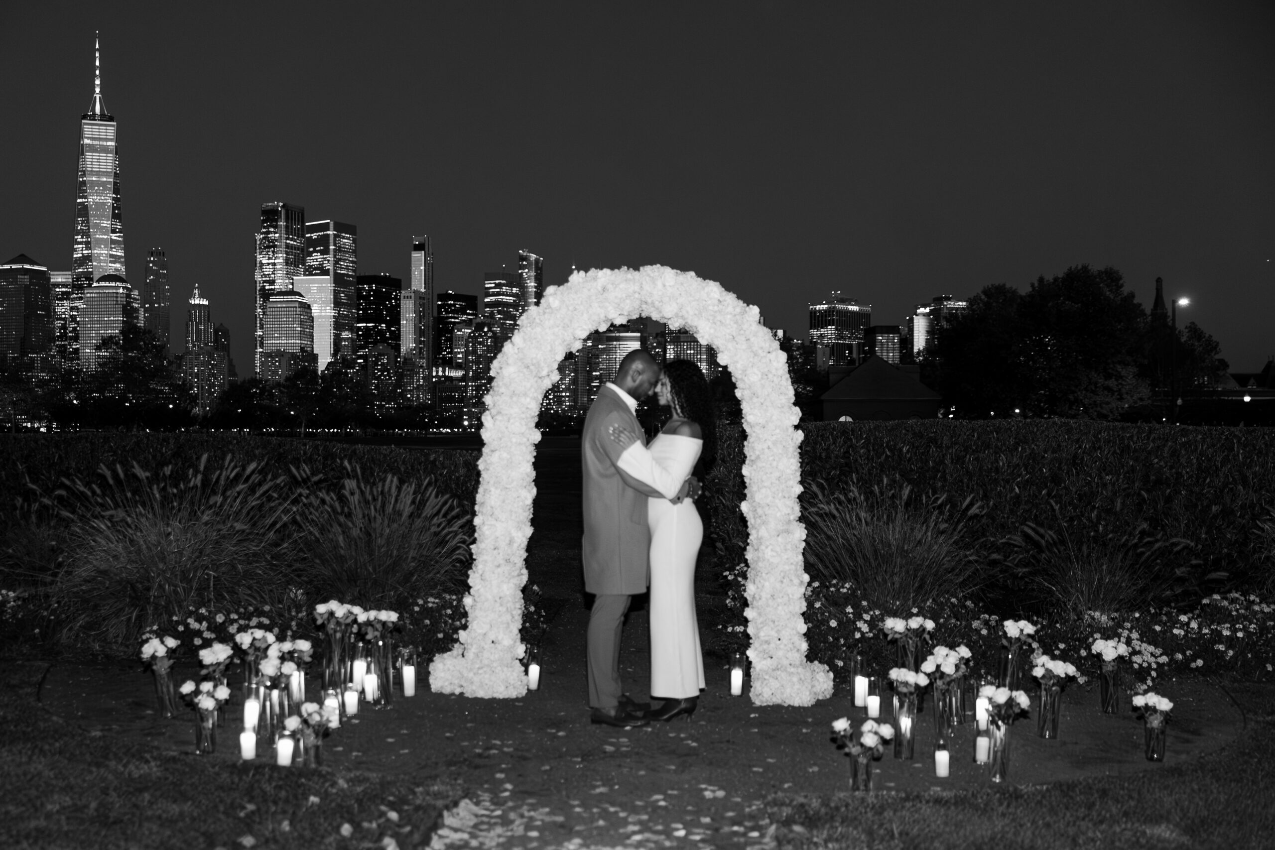 Liberty State Park engagement session with fall evening light and skyline views