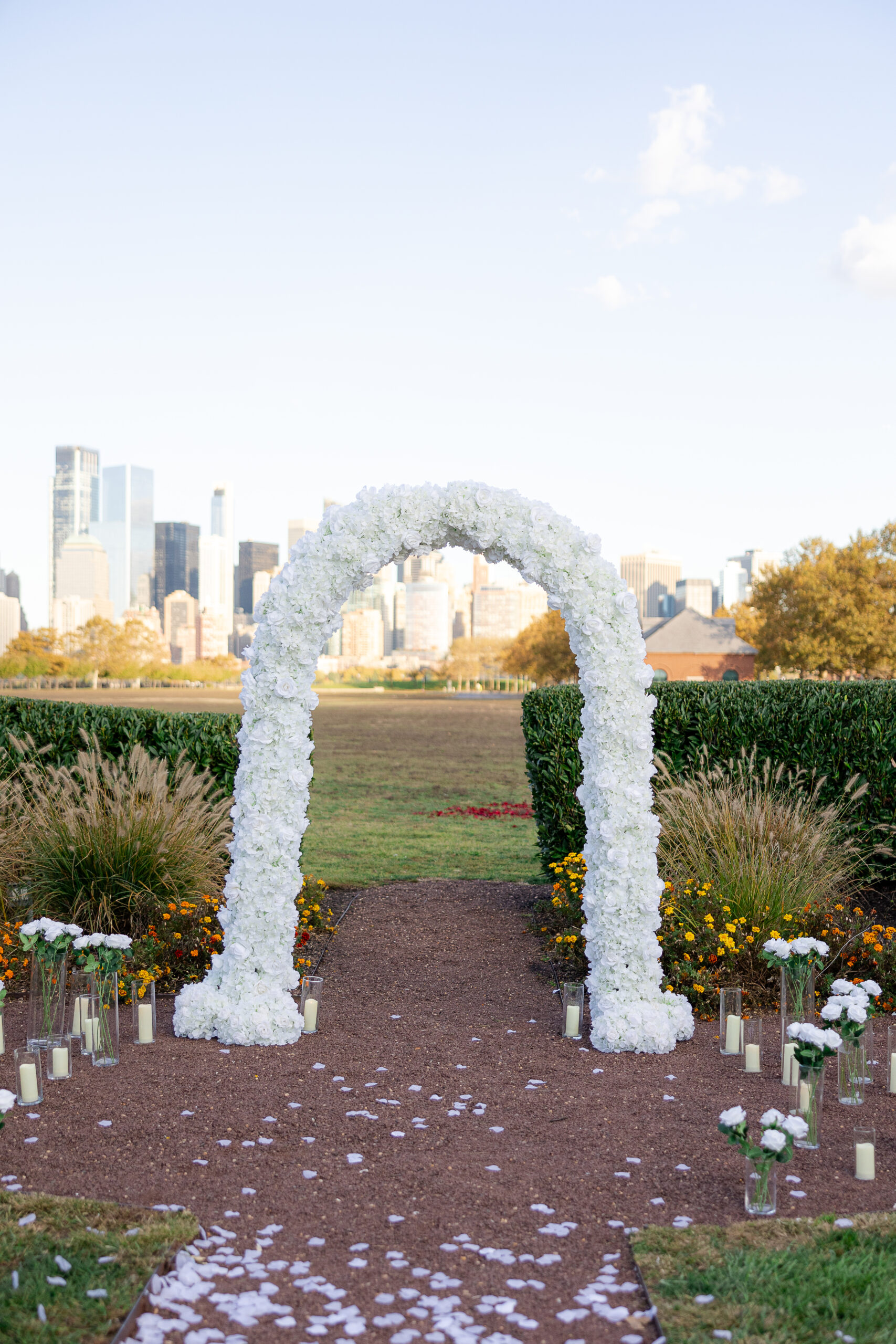 White floral arch with romantic decor at Maddy Rose Restaurant
