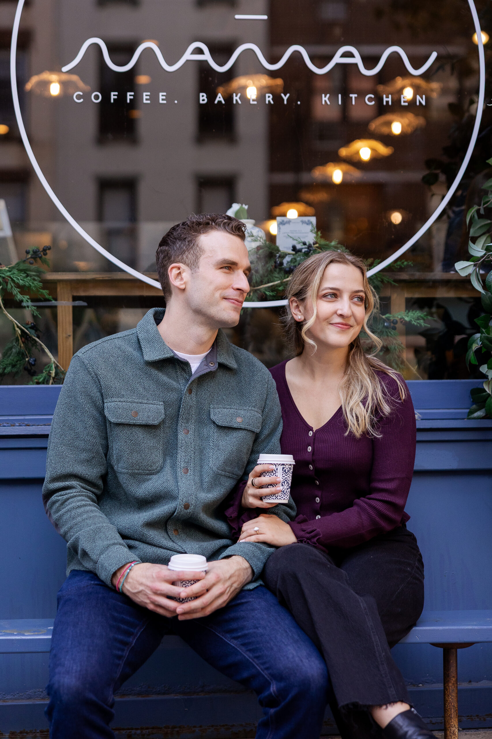 UES engagement couple portraits in front of Maman Cafe