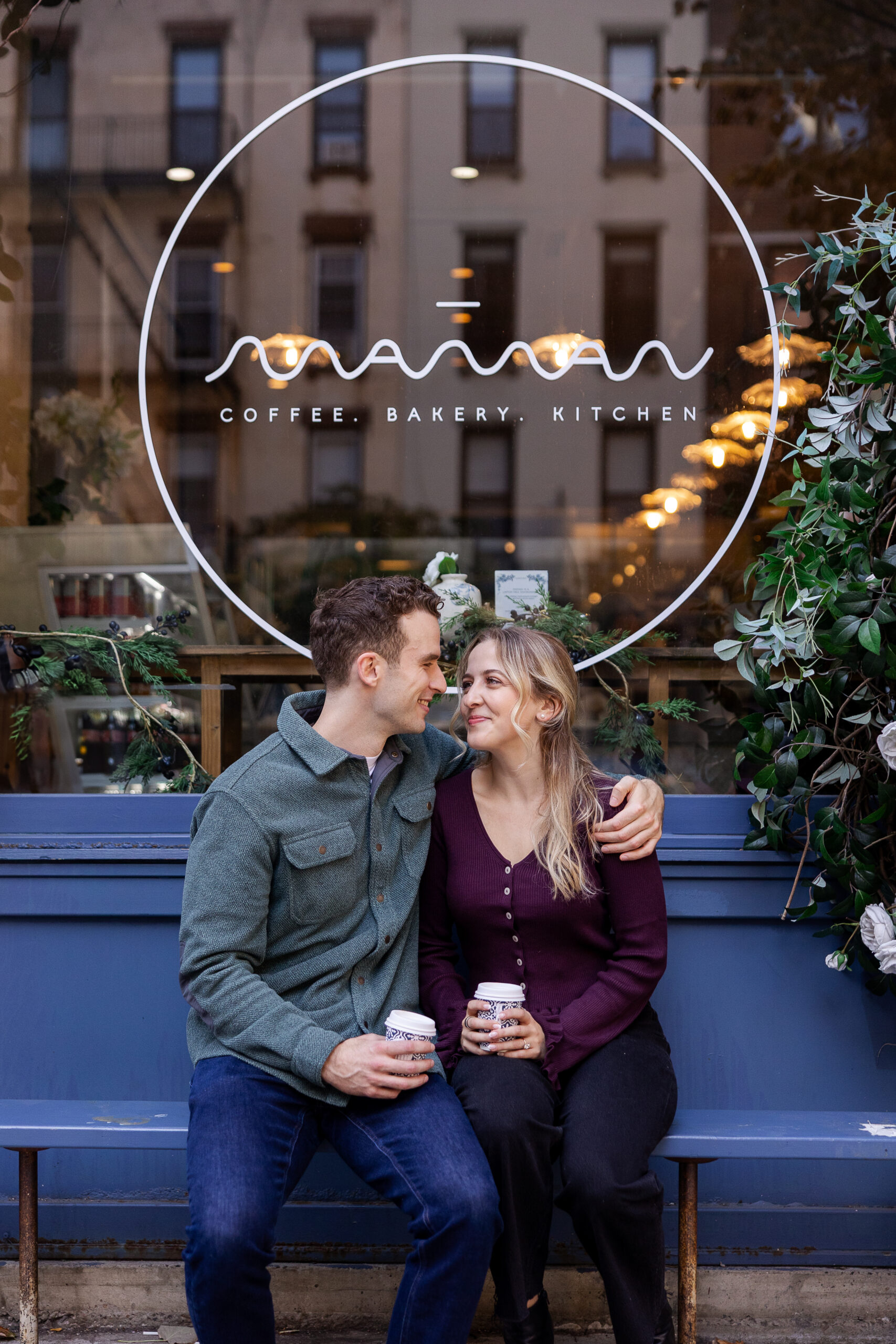 UES engagement portraits at Maman Cafe