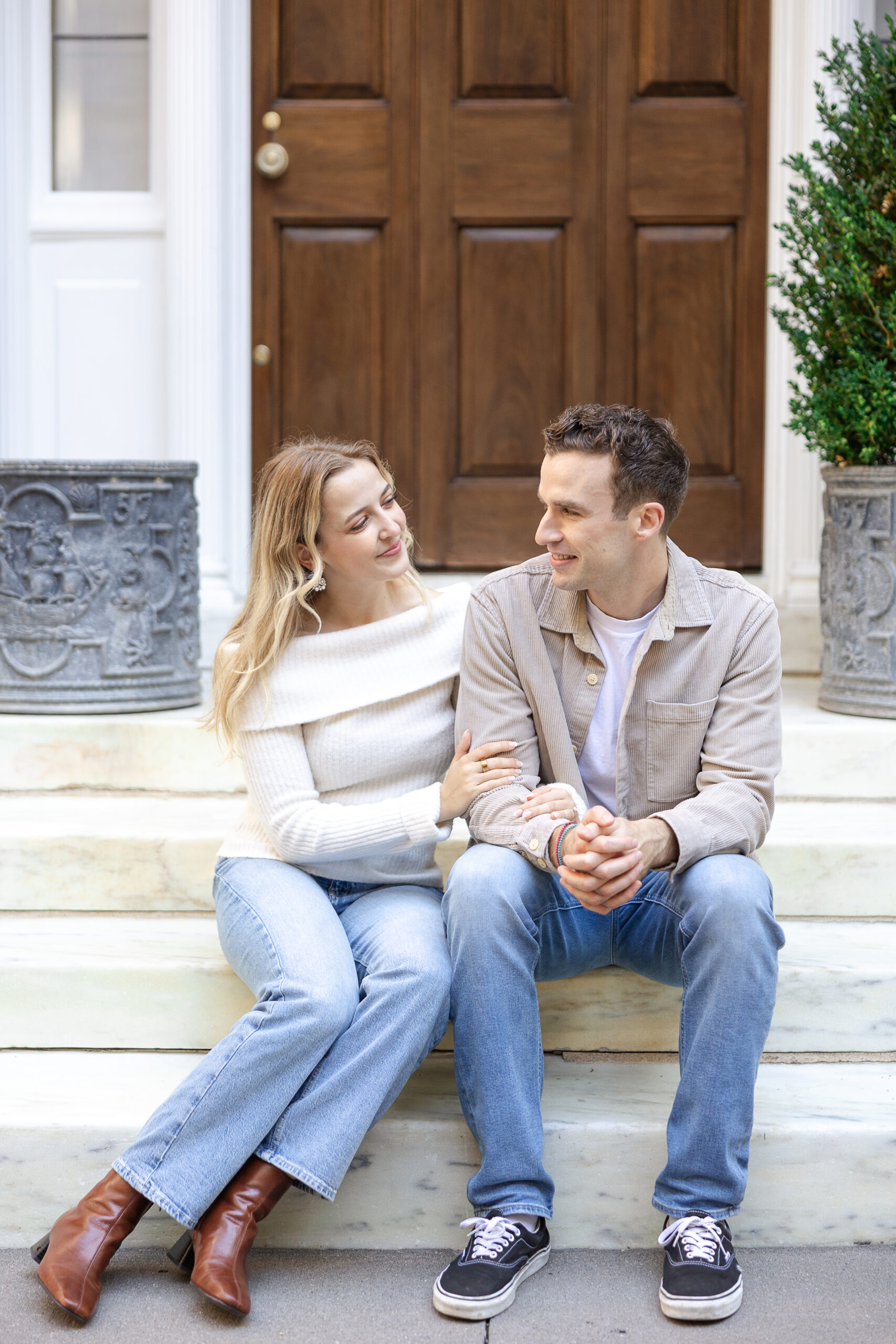 UES engagement couple portraits in a quaint neighborhood
