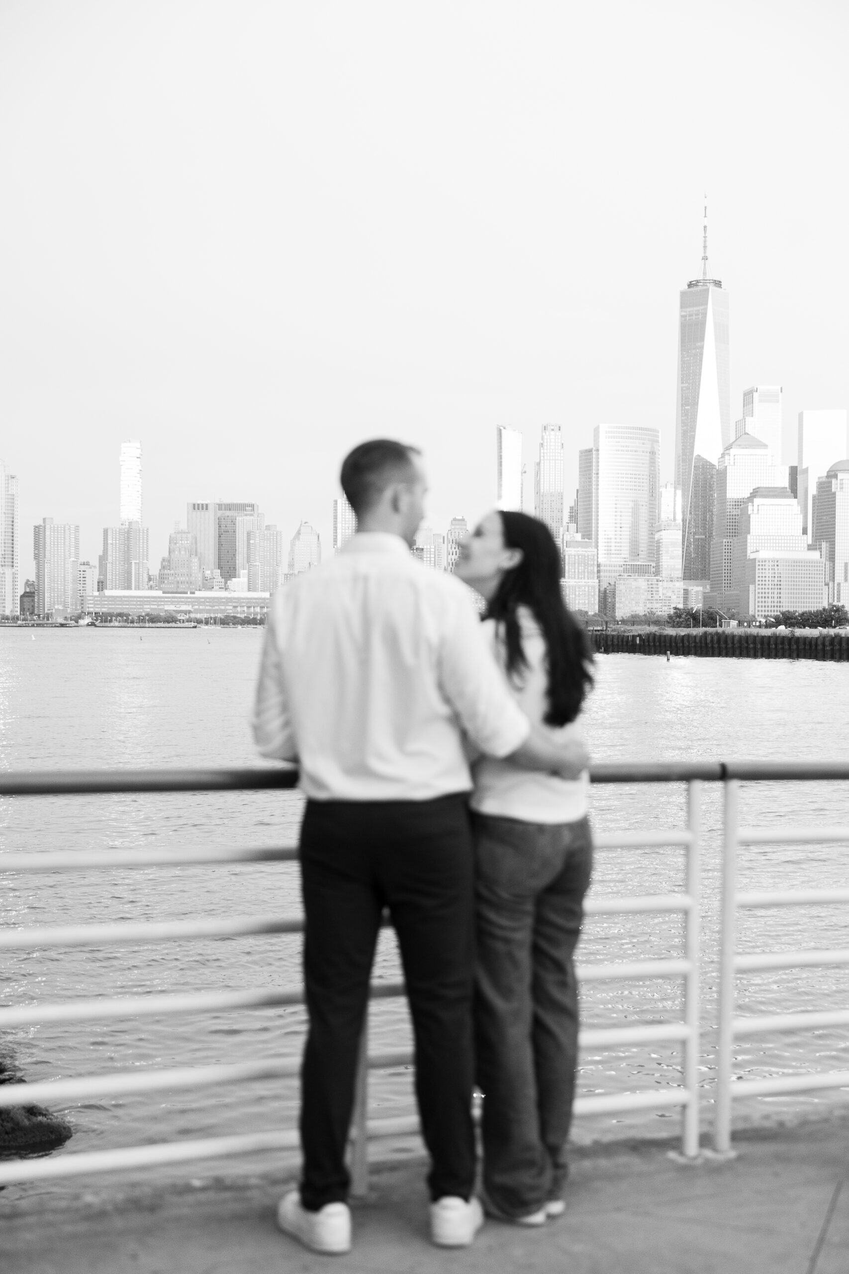 Sunset Hoboken engagement portraits with couple