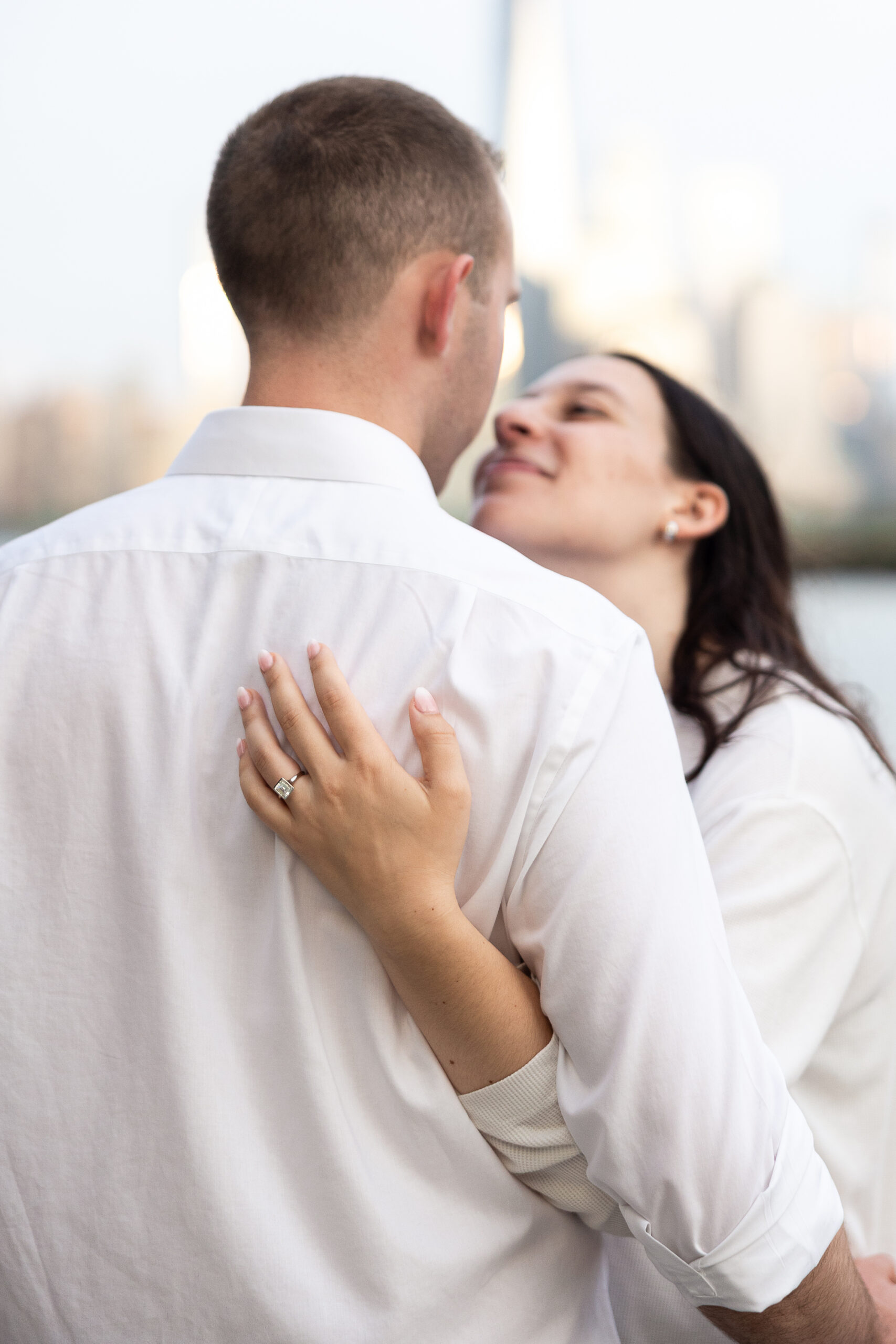 Sunset Hoboken engagement portraits with couple