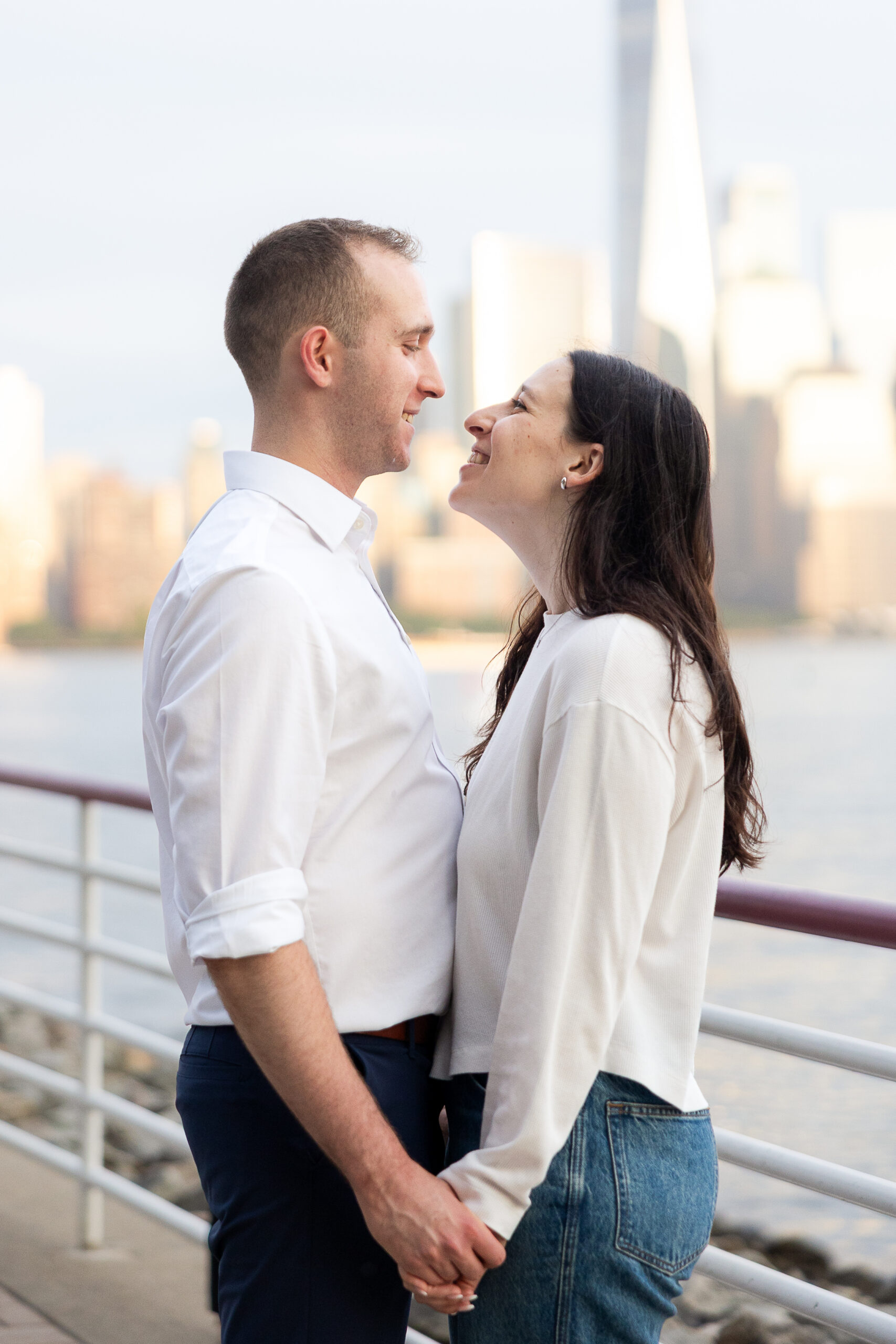 Sunset Hoboken engagement portraits with couple