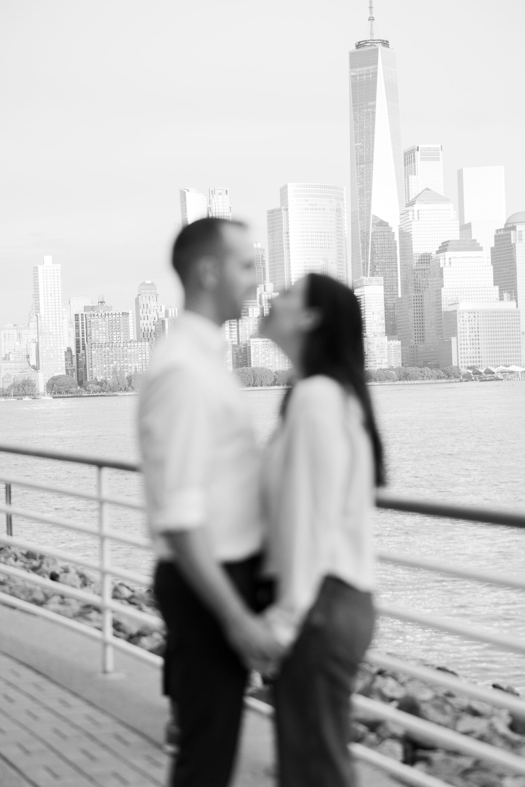 Sunset Hoboken engagement portraits with couple