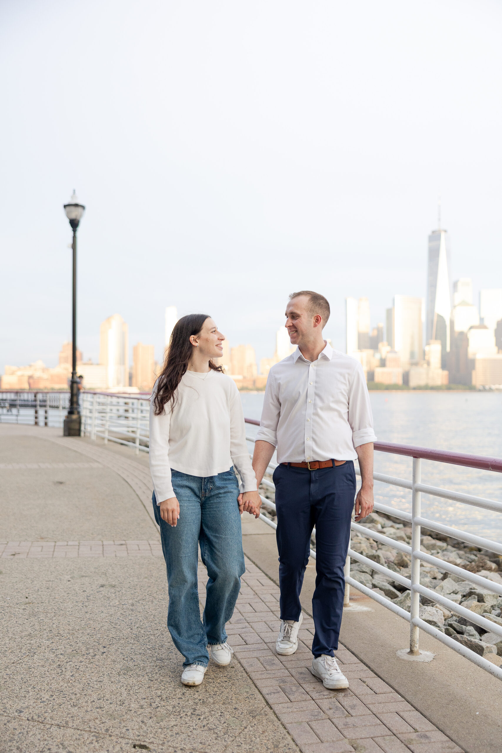 Sunset Hoboken engagement portraits with couple
