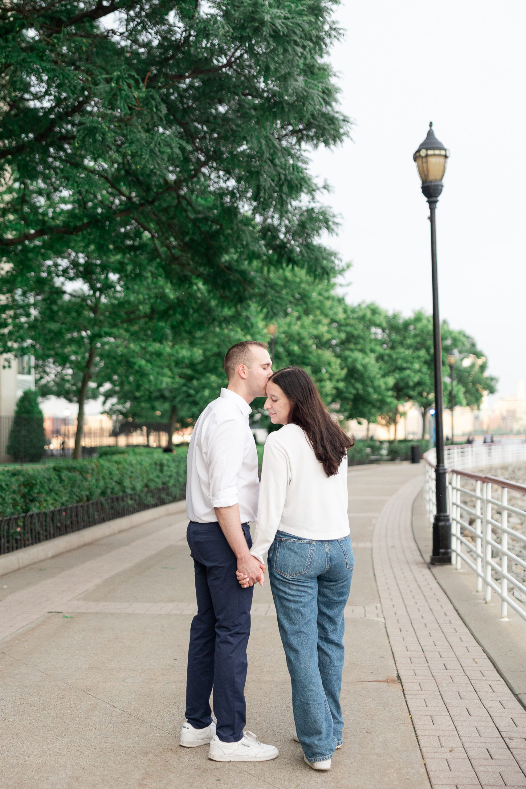 Sunset Hoboken engagement portraits with couple