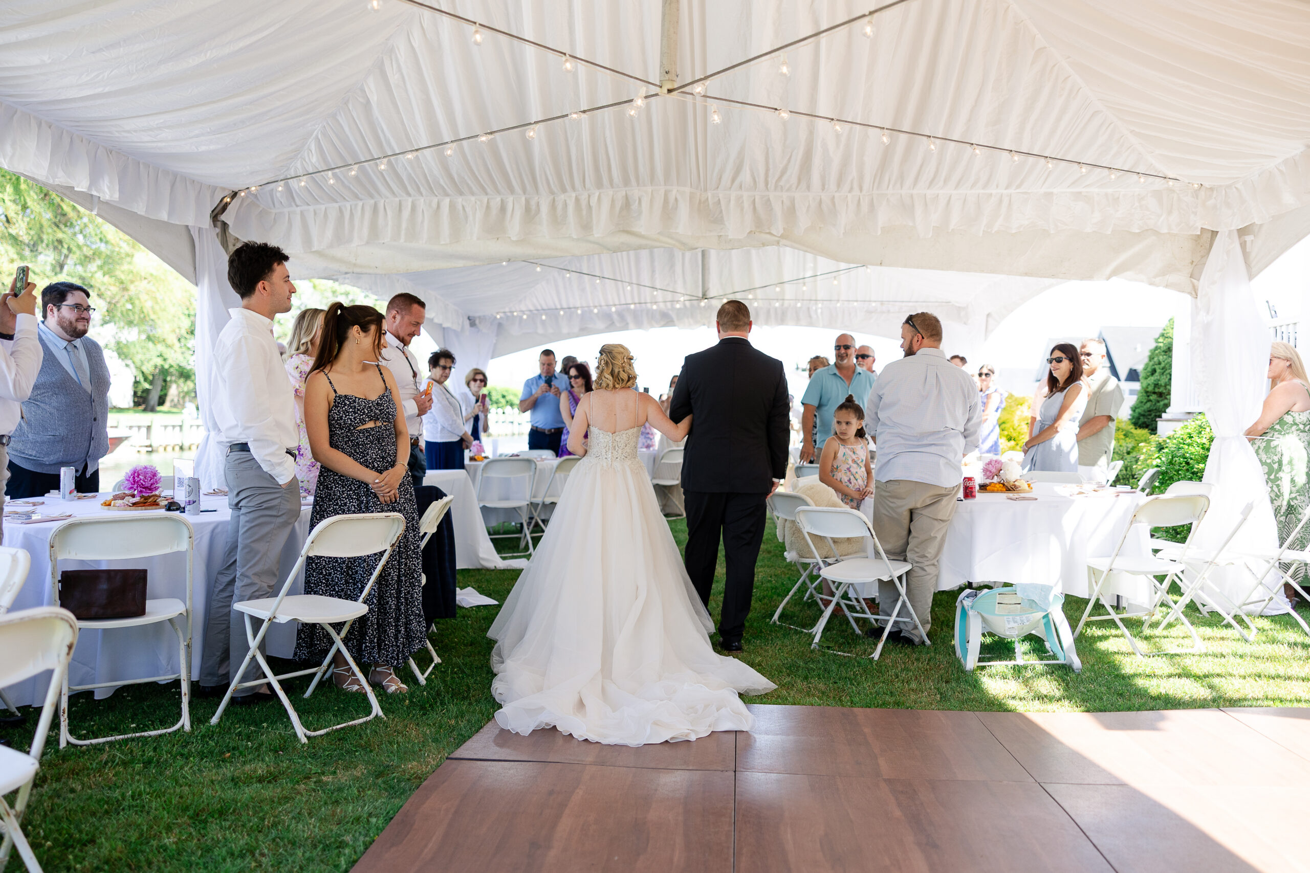 Bride walking in for Long Island wedding day